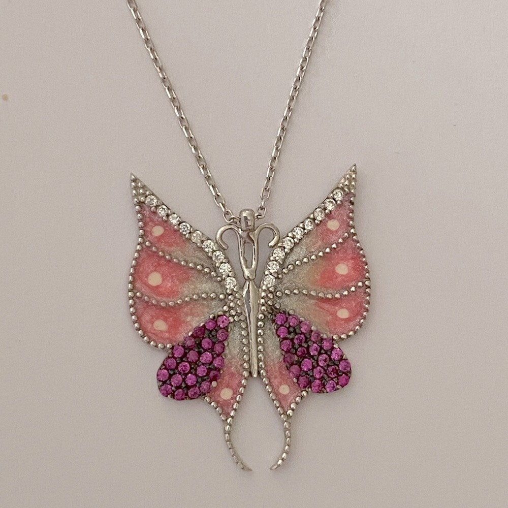 Butterfly necklace 925 silver clear pink cz enamel handmade